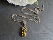 Anatomical Heart, 3 Dimensional Design, Antiqued Raw Brass Heart with Silvertone Chain